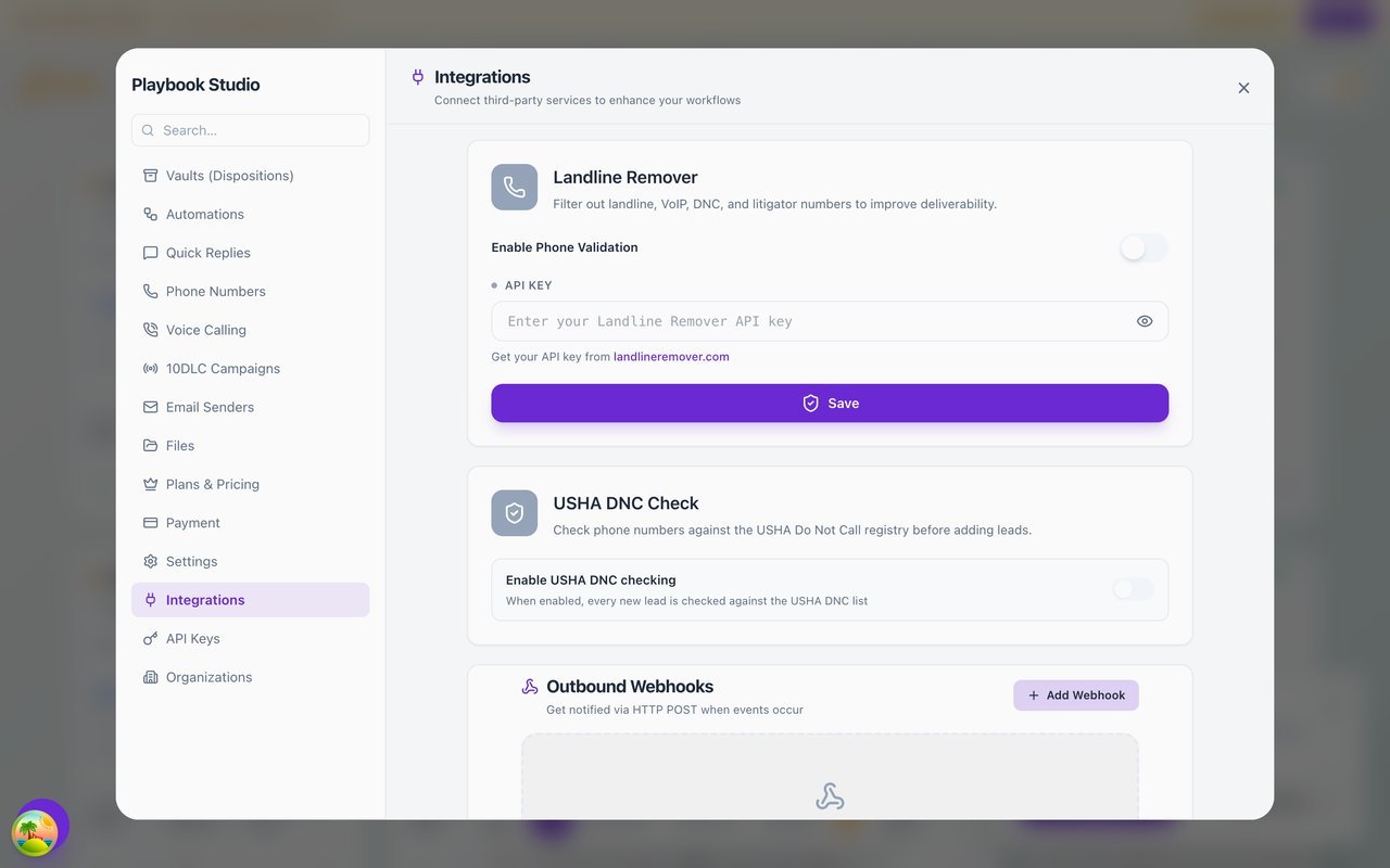 JNTO integrations screen — Landline Remover phone validation, USHA DNC check, and outbound webhooks