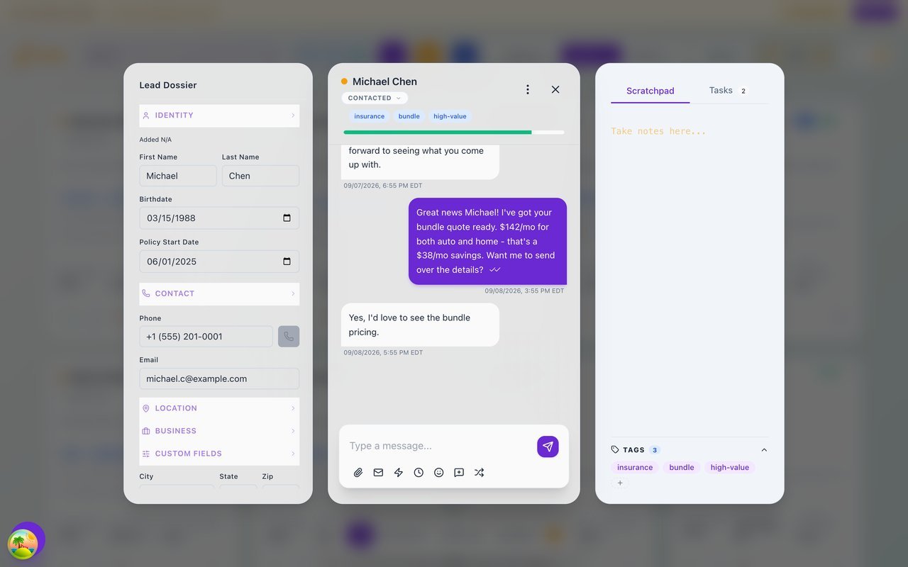 The three-panel lead workspace — lead dossier, SMS conversation, and scratchpad with tasks and tags